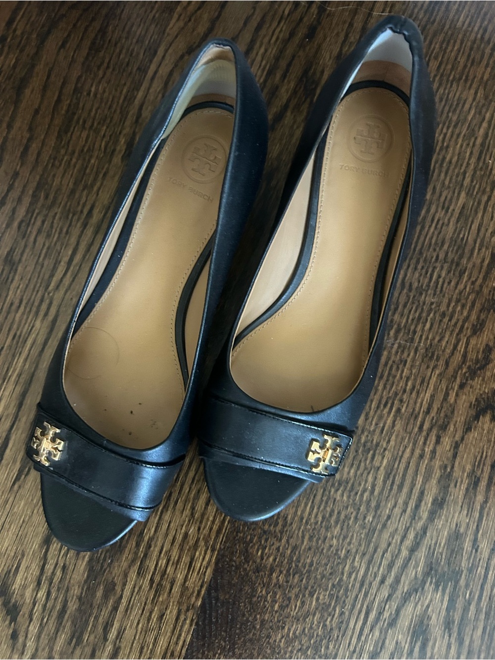Tory Burch Black Leather Peep-Toe Heels with Gold Logo